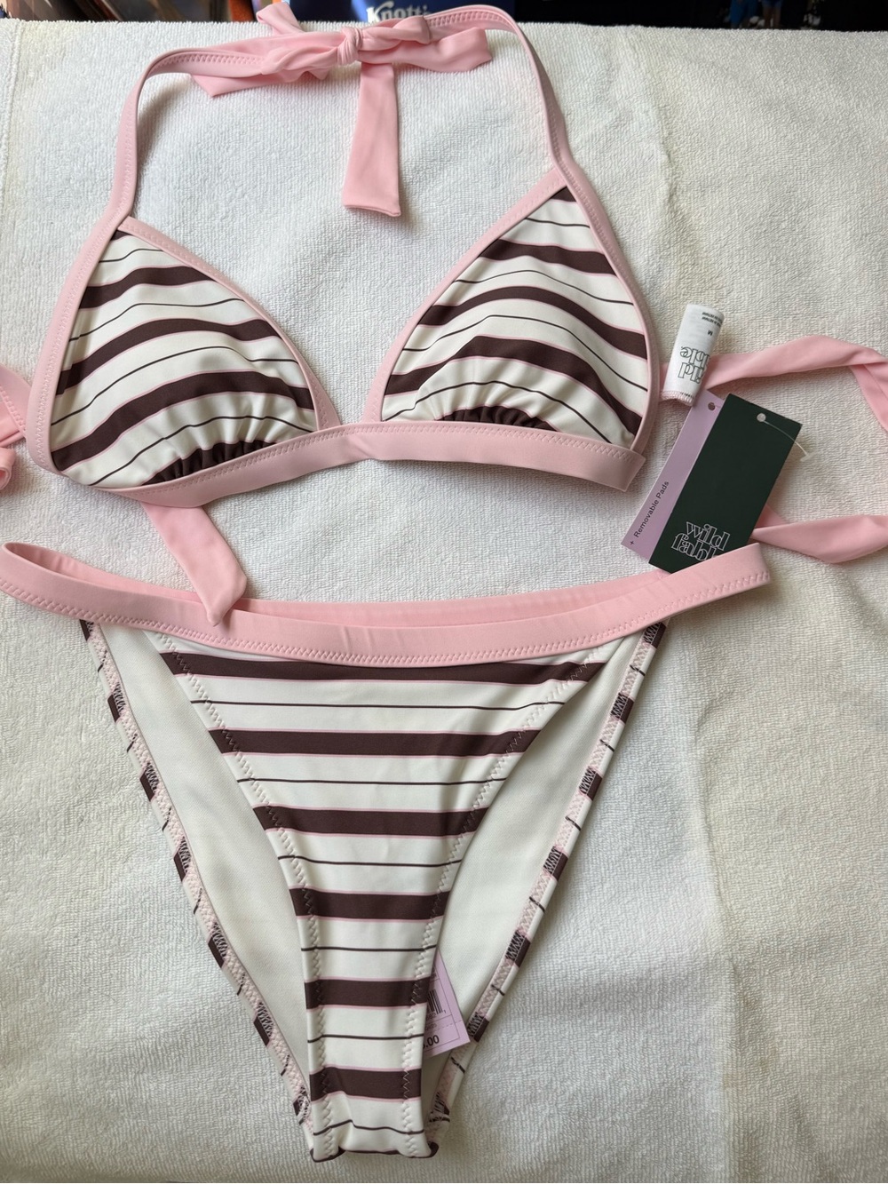Target- Wild Fable Pink-Trim Brown & White Striped Triangle Bikini